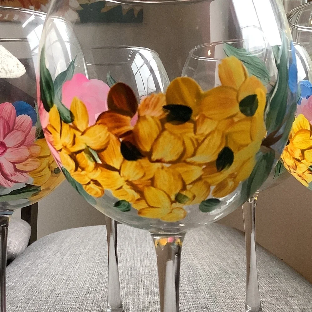 Floral Hand-Painted Wine Glasses Set of 6